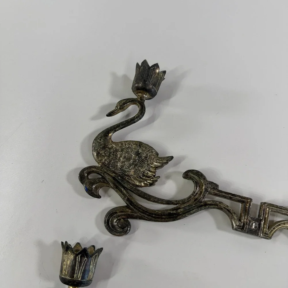 Vintage Silver Plated Swan Candle Stick Holder Wall Mounted Ornate Set Of 2